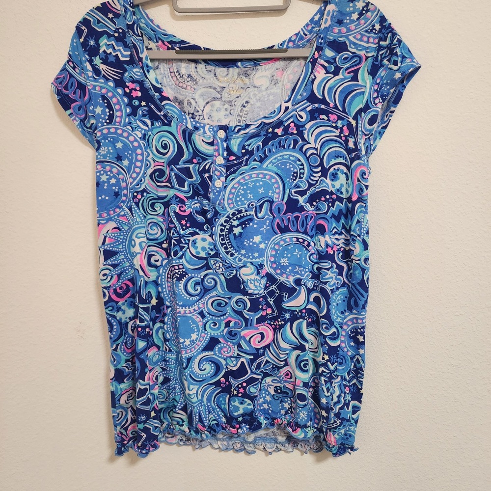 Lilly Pulitzer‎ Short Sleeve Henley Top Blue Pink Paisley Print Size S
